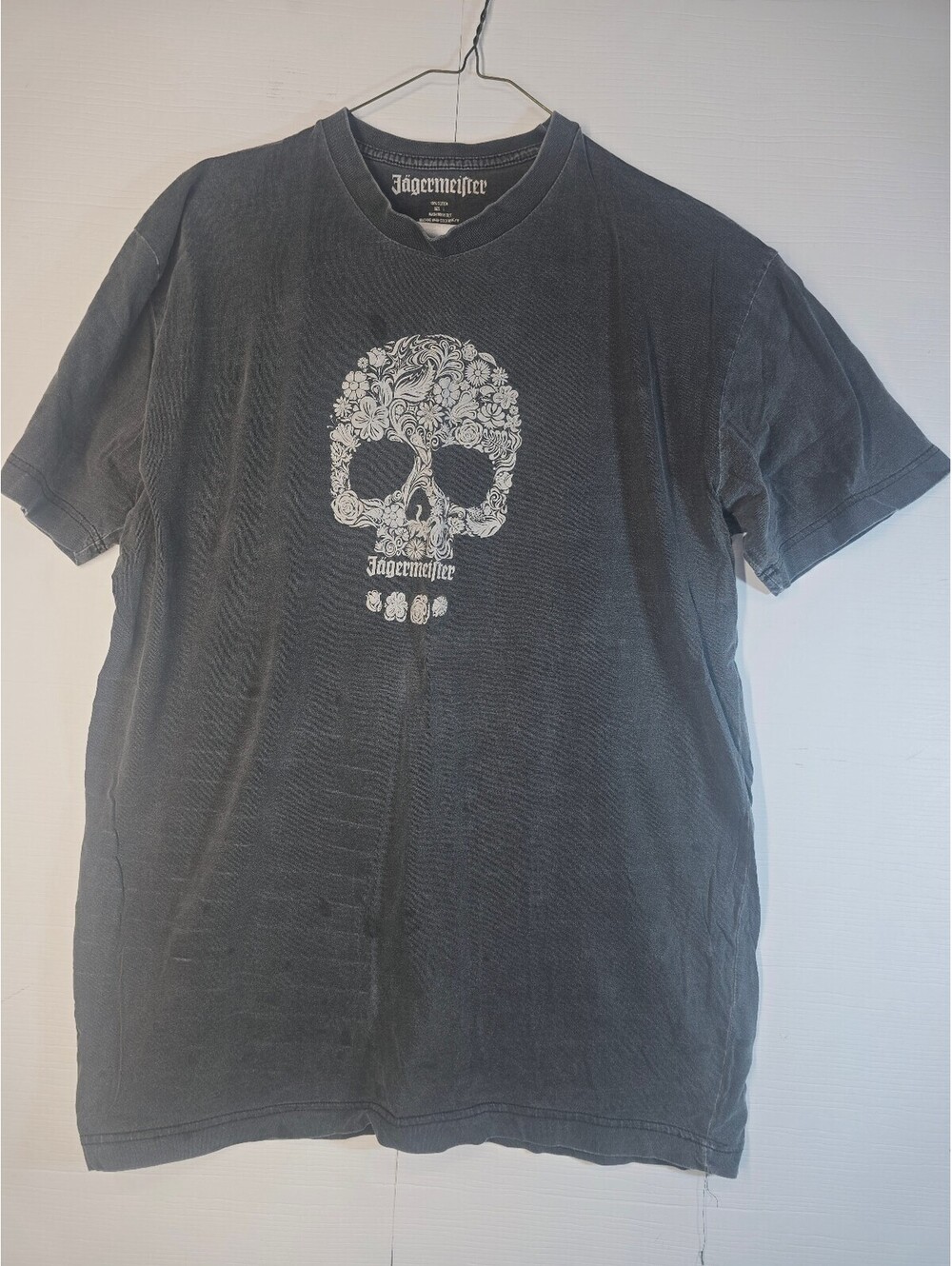 Jagermeister Mens Large Black Floral Skull Graphic T-Shirt Washed Cotton Promo